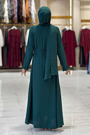 Pilise Detay Elbise Şal İkili Takım 6039 Zümrüt