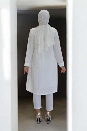 Taş Detaylı Uzun Ceket Pantolon İkili Takım 8683 Ekru