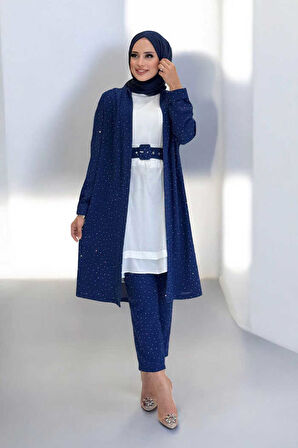 Taş Detaylı Uzun Ceket Pantolon İkili Takım 8683 Lacivert
