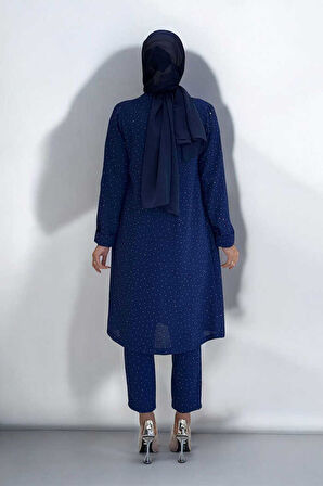 Taş Detaylı Uzun Ceket Pantolon İkili Takım 8683 Lacivert