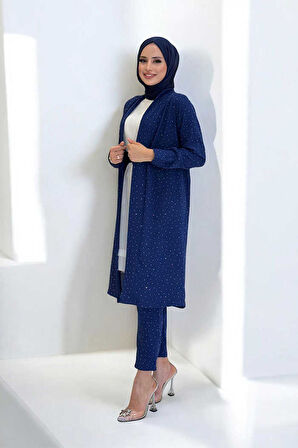 Taş Detaylı Uzun Ceket Pantolon İkili Takım 8683 Lacivert
