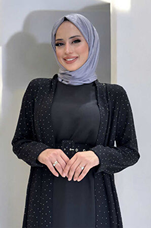 Taş Detaylı Uzun Ceket Pantolon İkili Takım 8683 Siyah