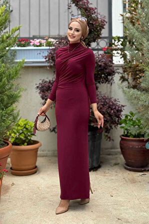 Büzgü Detaylı Sandy Elbise 3970 Bordo