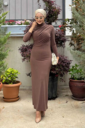 Büzgü Detaylı Sandy Elbise 3970 Kahverengi