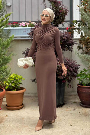 Büzgü Detaylı Sandy Elbise 3970 Kahverengi