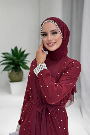 İncili Abaya Ve Elbise Takım 8491 Bordo