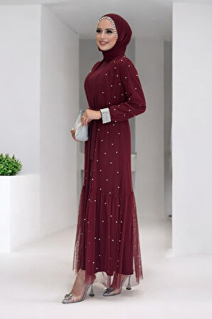 İncili Abaya Ve Elbise Takım 8491 Bordo