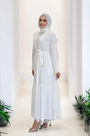 İncili Abaya Ve Elbise Takım 8491 Ekru