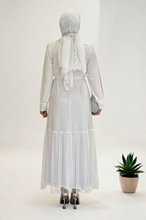 İncili Abaya Ve Elbise Takım 8491 Ekru