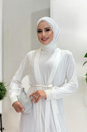 İncili Abaya Ve Elbise Takım 8491 Ekru