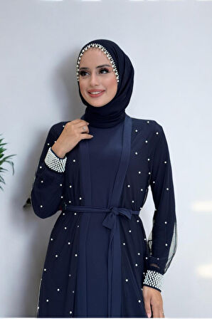 İncili Abaya Ve Elbise Takım 8491 Lacivert