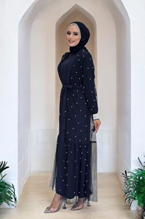 İncili Abaya Ve Elbise Takım 8491 Lacivert