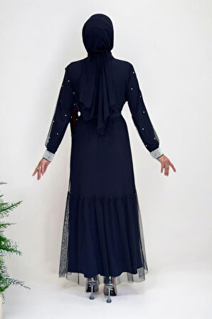 İncili Abaya Ve Elbise Takım 8491 Lacivert