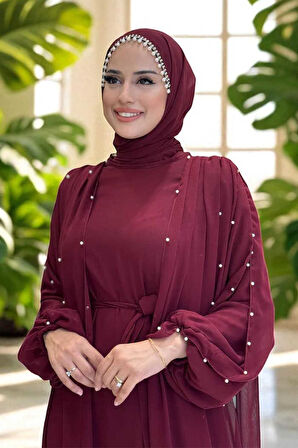 İnci Detaylı Pelerinli Elbise 3973 Bordo