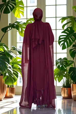 İnci Detaylı Pelerinli Elbise 3973 Bordo