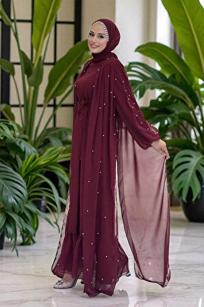 İnci Detaylı Pelerinli Elbise 3973 Bordo