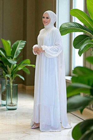 İnci Detaylı Pelerinli Elbise 3973 Ekru