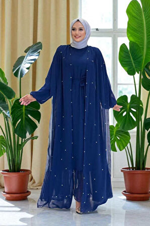 İnci Detaylı Pelerinli Elbise 3973 Lacivert