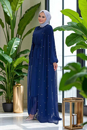 İnci Detaylı Pelerinli Elbise 3973 Lacivert