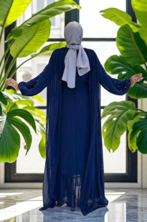 İnci Detaylı Pelerinli Elbise 3973 Lacivert