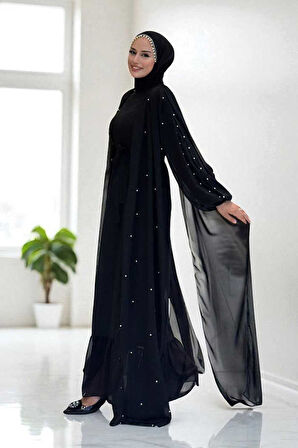 İnci Detaylı Pelerinli Elbise 3973 Siyah
