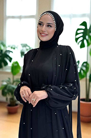 İnci Detaylı Pelerinli Elbise 3973 Siyah