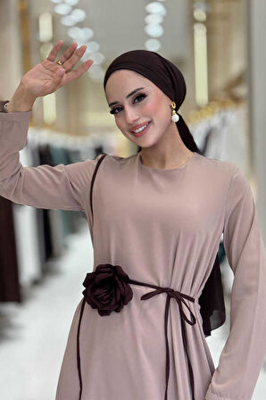 Gül Detaylı Elbise 3976 Vizon