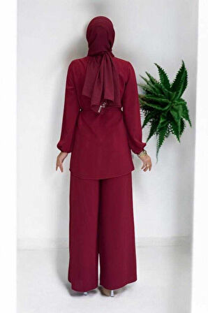 Asimetrik Kesim Tunik Pantolon İkili Takım 8694 Bordo