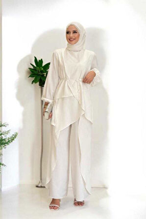 Asimetrik Kesim Tunik Pantolon İkili Takım 8694 Ekru