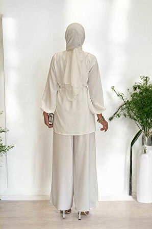 Asimetrik Kesim Tunik Pantolon İkili Takım 8694 Ekru