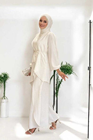 Asimetrik Kesim Tunik Pantolon İkili Takım 8694 Ekru