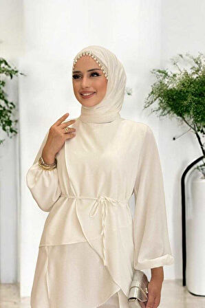 Asimetrik Kesim Tunik Pantolon İkili Takım 8694 Ekru
