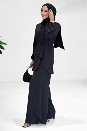 Asimetrik Kesim Tunik Pantolon İkili Takım 8694 Siyah