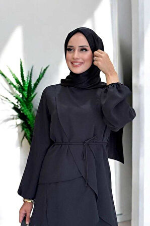 Asimetrik Kesim Tunik Pantolon İkili Takım 8694 Siyah