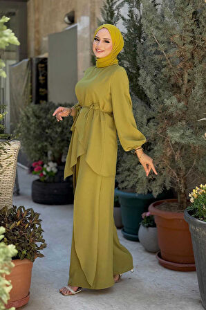 Asimetrik Kesim Tunik Pantolon İkili Takım 8694 Yağ Yeşili