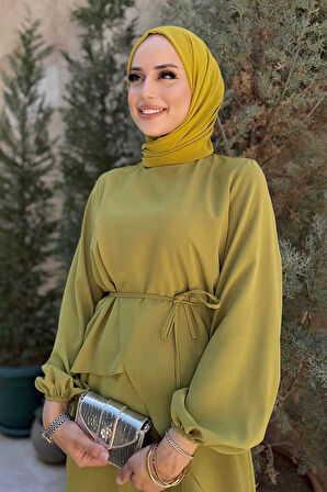 Asimetrik Kesim Tunik Pantolon İkili Takım 8694 Yağ Yeşili