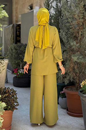 Asimetrik Kesim Tunik Pantolon İkili Takım 8694 Yağ Yeşili