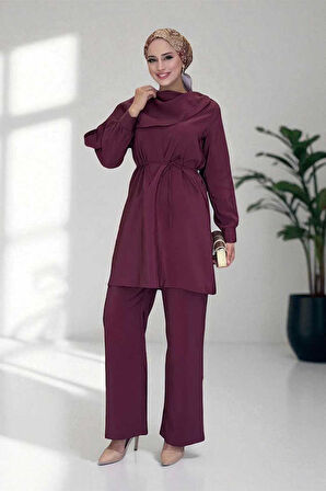 Sedef Kumaş Tunik Pantolon İkili Takım 8693 Bordo