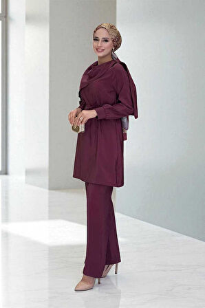 Sedef Kumaş Tunik Pantolon İkili Takım 8693 Bordo