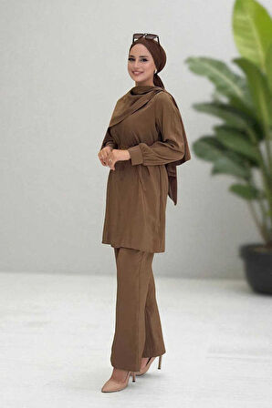 Sedef Kumaş Tunik Pantolon İkili Takım 8693 Kahverengi