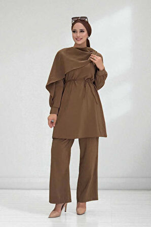 Sedef Kumaş Tunik Pantolon İkili Takım 8693 Kahverengi