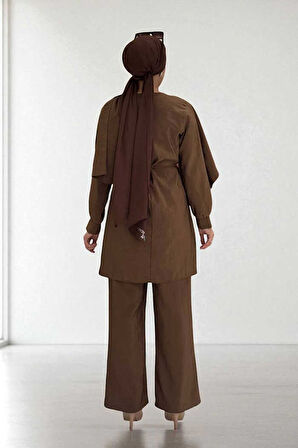 Sedef Kumaş Tunik Pantolon İkili Takım 8693 Kahverengi