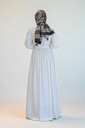 Kolları Lastikli Önü Düğme Detaylı Elbise 6040 Ekru