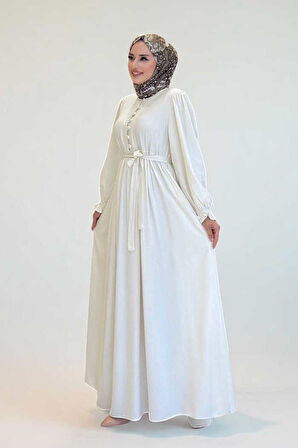 Kolları Lastikli Önü Düğme Detaylı Elbise 6040 Ekru