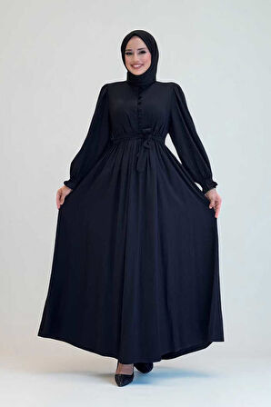 Kolları Lastikli Önü Düğme Detaylı Elbise 6040 Siyah