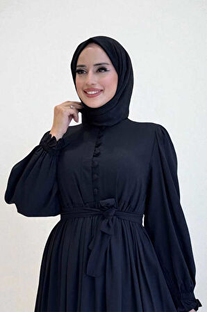 Kolları Lastikli Önü Düğme Detaylı Elbise 6040 Siyah