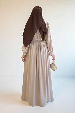 Kolları Lastikli Önü Düğme Detaylı Elbise 6040 Taş