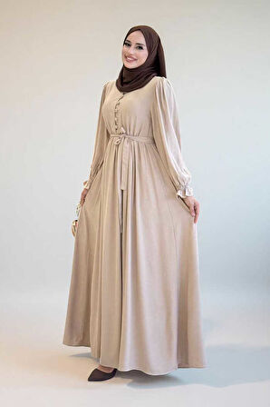 Kolları Lastikli Önü Düğme Detaylı Elbise 6040 Taş