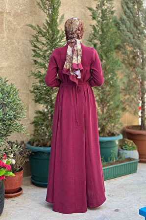 Bel Kuşaklı Kol Fermuar Detaylı Elbise 6041 Bordo