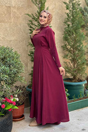 Bel Kuşaklı Kol Fermuar Detaylı Elbise 6041 Bordo